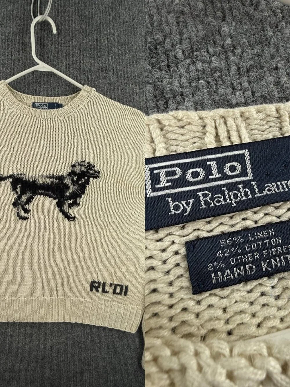 VTG Polo Ralph Lauren Hand Knit Dog RL01 2001 Linen Blend Graphic Large Ivory